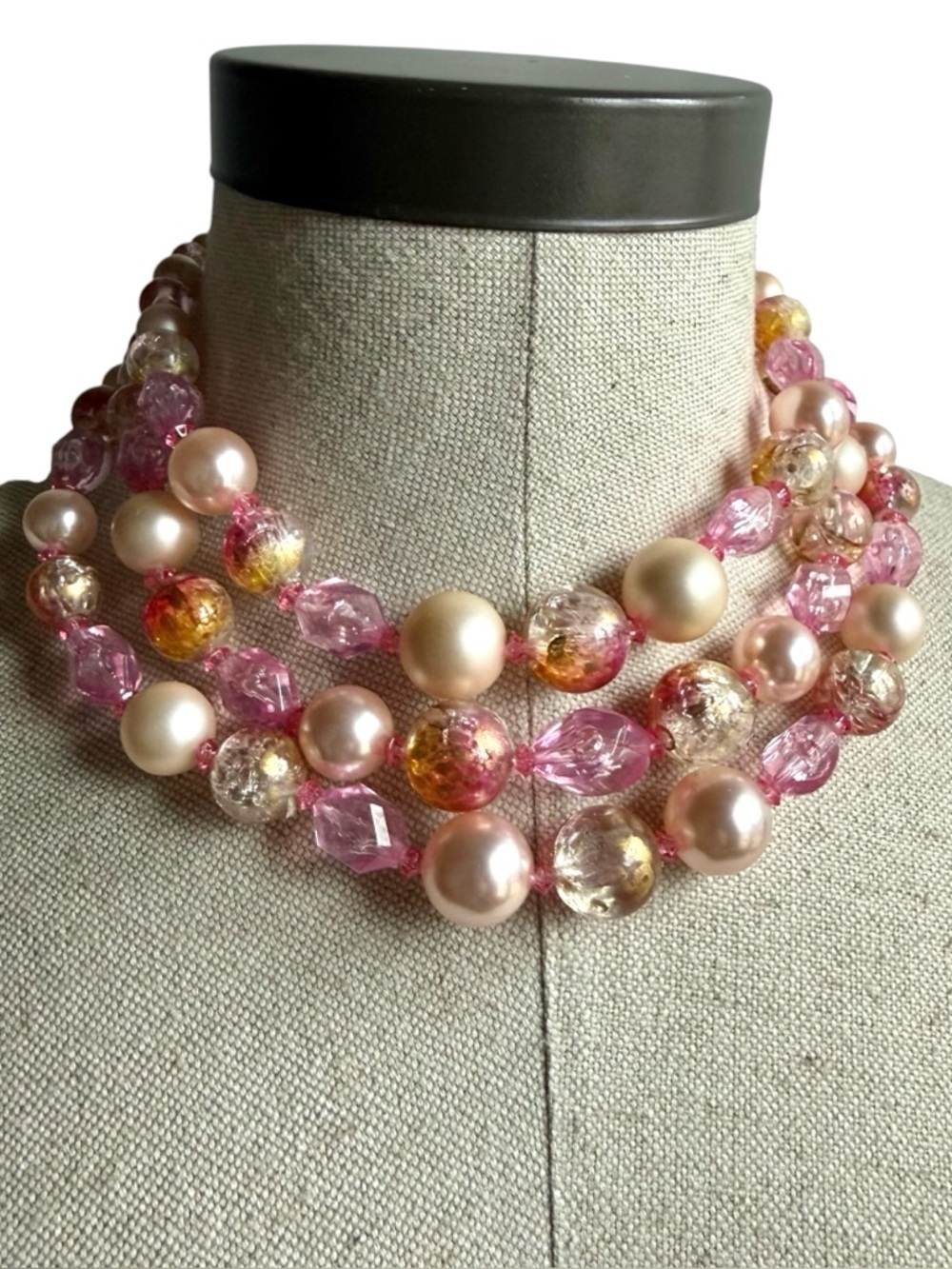 Vintage Coro Pink Faux Pearl Crackle Glass Multi Strand Collar Necklace